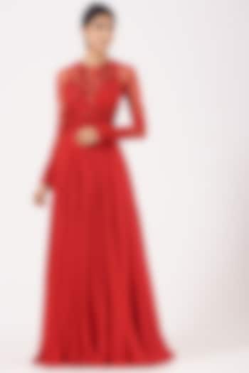 Red Embroidered Wedding Anarkali by Mahima Mahajan at Pernia's Pop Up Shop