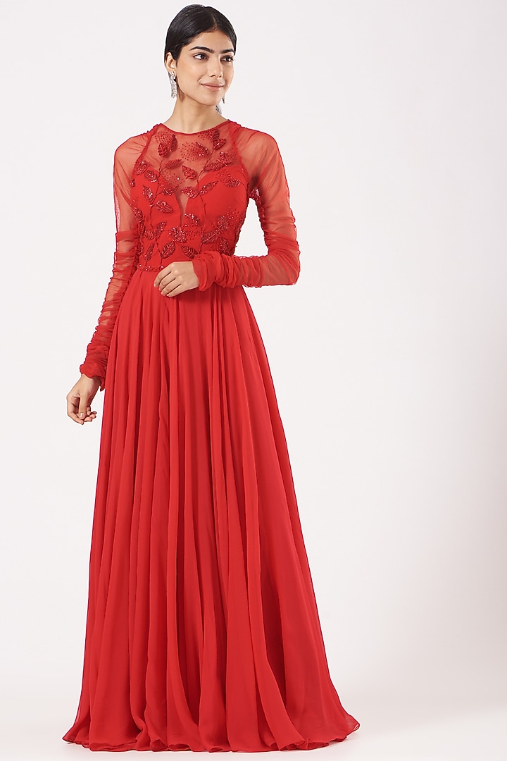 Red Embroidered Wedding Anarkali by Mahima Mahajan at Pernia's Pop Up Shop