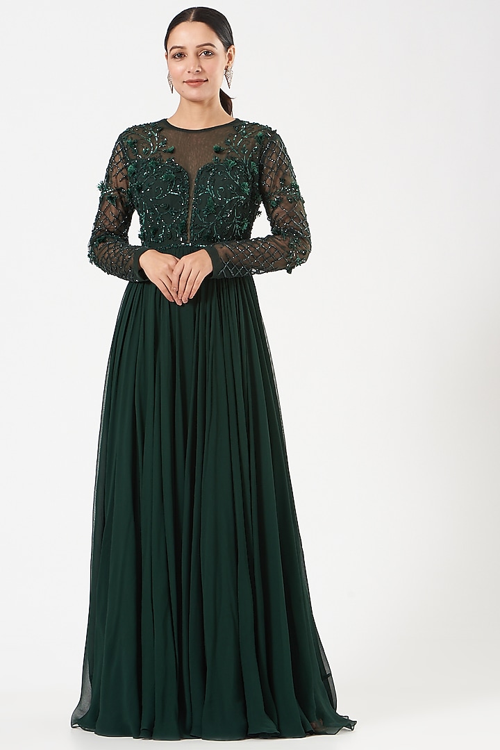 Emerald Green Embroidered Wedding Anarkali by Mahima Mahajan at Pernia's Pop Up Shop