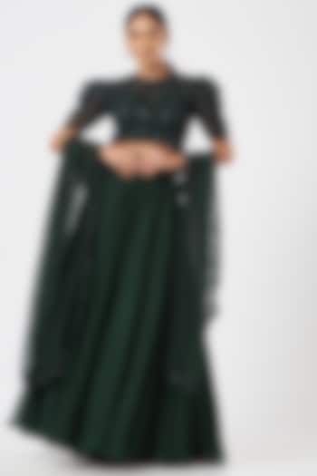 Bottle Green Organza Wedding Lehenga Set by Mahima Mahajan at Pernia's Pop Up Shop