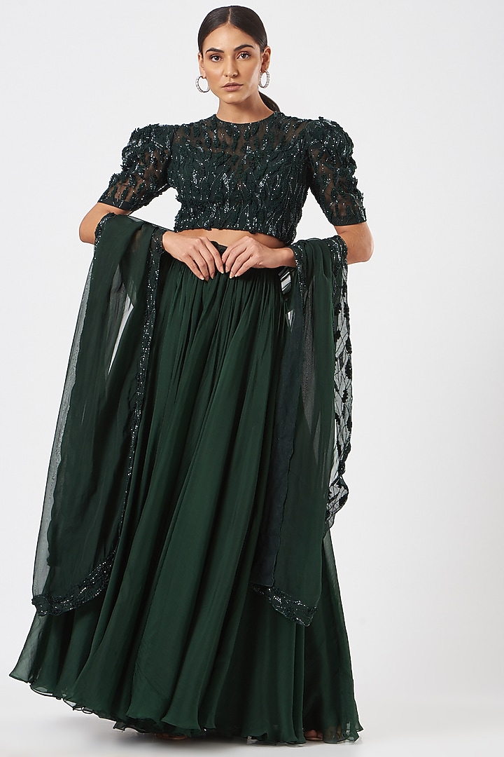 Bottle Green Organza Wedding Lehenga Set by Mahima Mahajan at Pernia's Pop Up Shop
