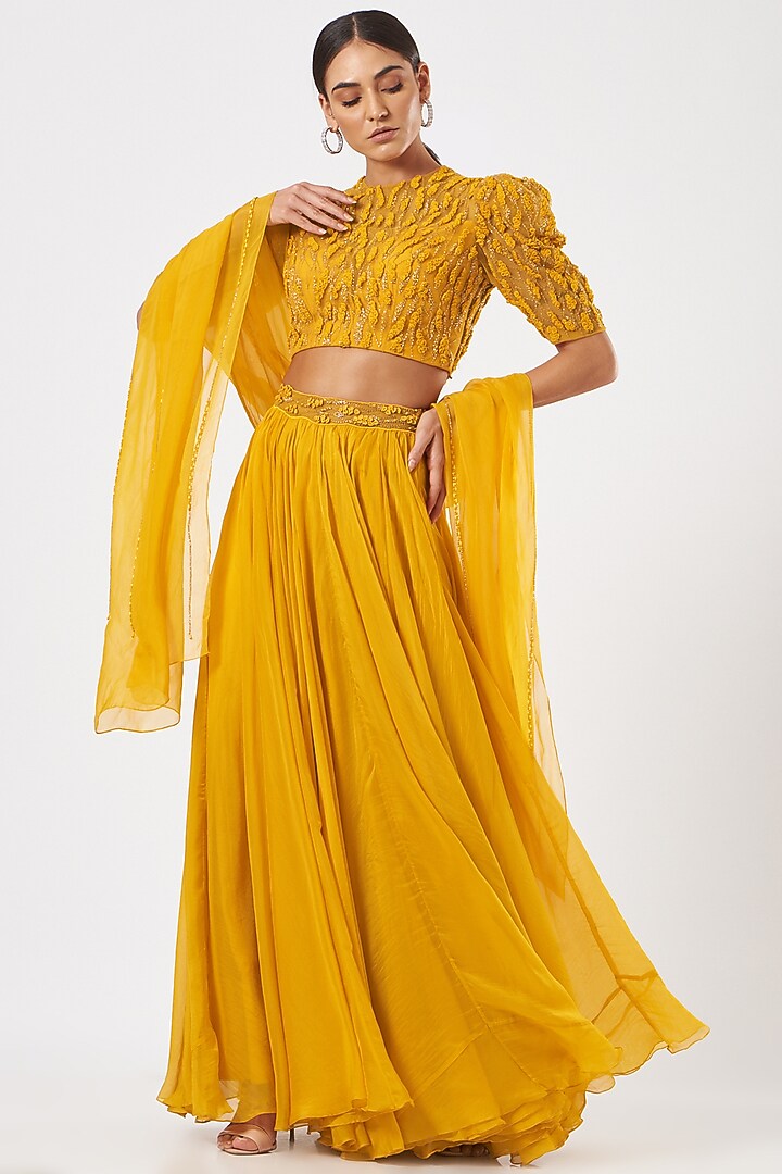 Citrus Yellow Organza Wedding Lehenga Set by Mahima Mahajan at Pernia's Pop Up Shop