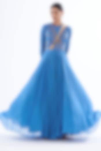 Blue Georgette & Organza Striped Wedding Anarkali Set by Mahima Mahajan at Pernia's Pop Up Shop