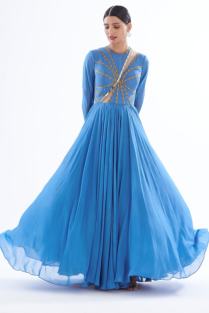 Blue Georgette & Organza Striped Wedding Anarkali Set by Mahima Mahajan at Pernia's Pop Up Shop