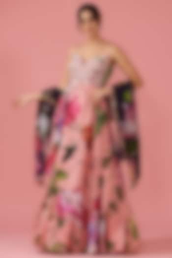 Blush Pink Organza Printed & Embroidered Wedding Anarkali Set  by Mahima Mahajan at Pernia's Pop Up Shop