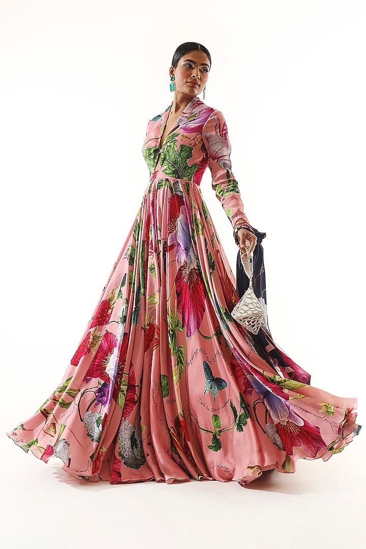 Blush Pink Satin Organza Printed Wedding Anarkali Set by Mahima Mahajan at Pernia's Pop Up Shop