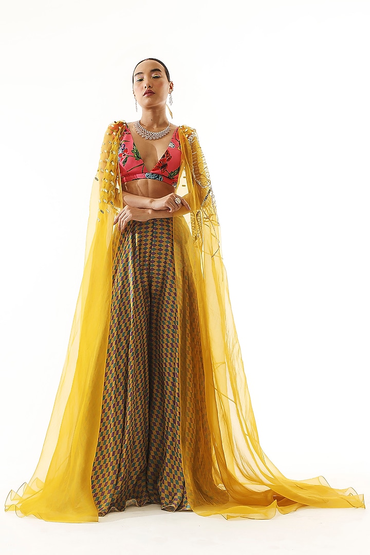 Yellow Satin Organza & Net Embroidered Cape Set by Mahima Mahajan at Pernia's Pop Up Shop