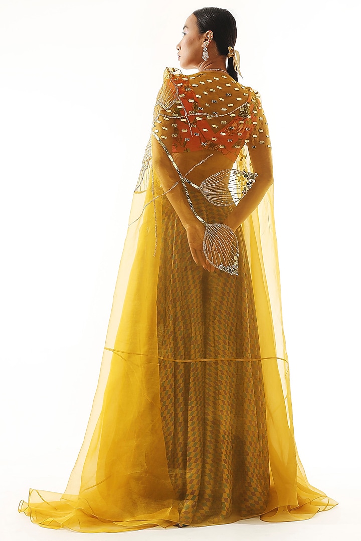 Yellow Satin Organza & Net Embroidered Cape Set by Mahima Mahajan at Pernia's Pop Up Shop