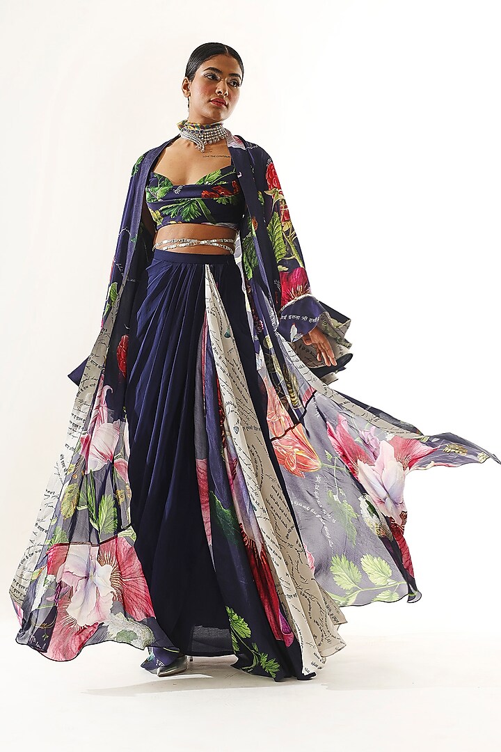 Navy Blue Satin Organza Printed Skirt Set by Mahima Mahajan at Pernia's Pop Up Shop
