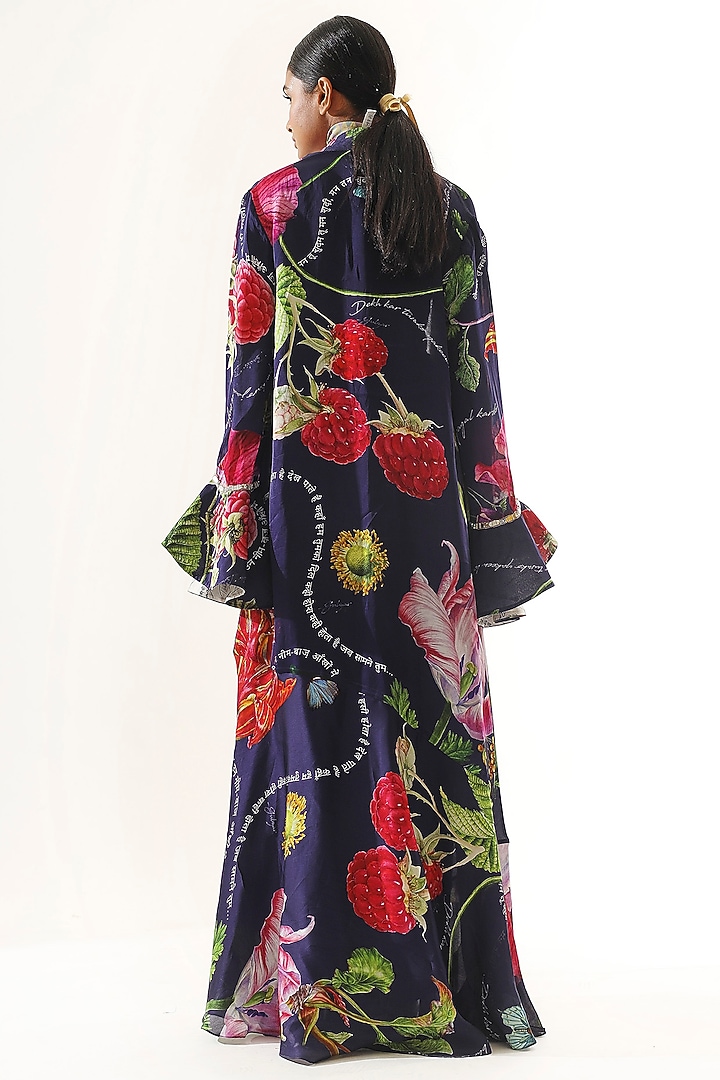 Navy Blue Satin Organza Printed Skirt Set by Mahima Mahajan at Pernia's Pop Up Shop