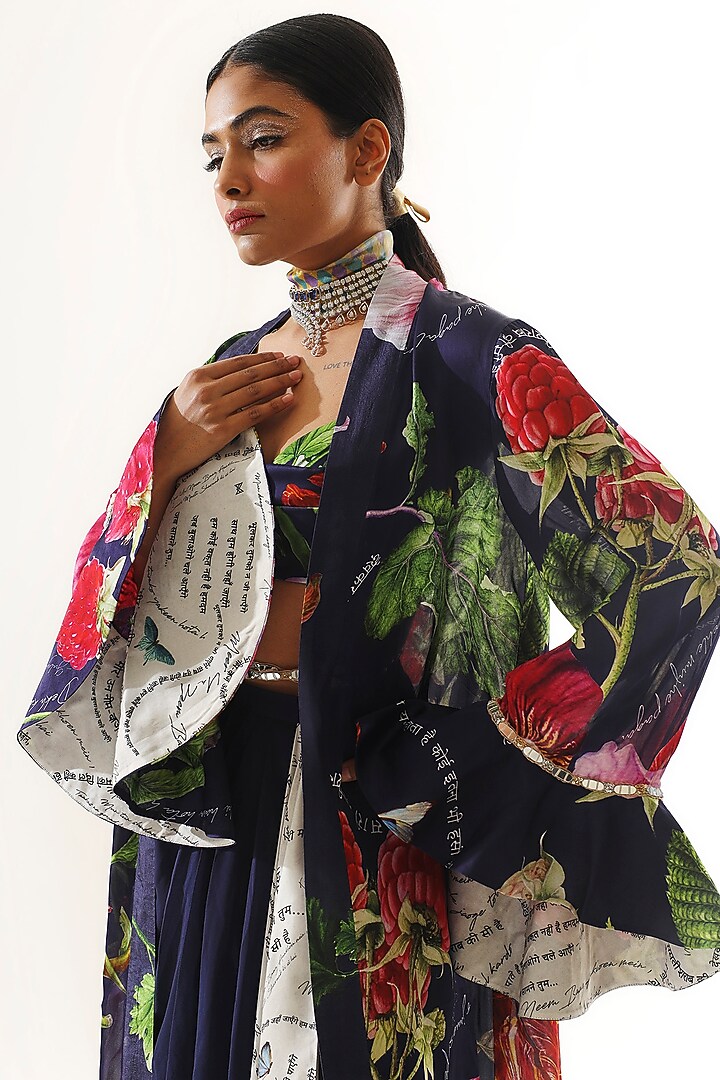 Navy Blue Satin Organza Printed Skirt Set by Mahima Mahajan at Pernia's Pop Up Shop
