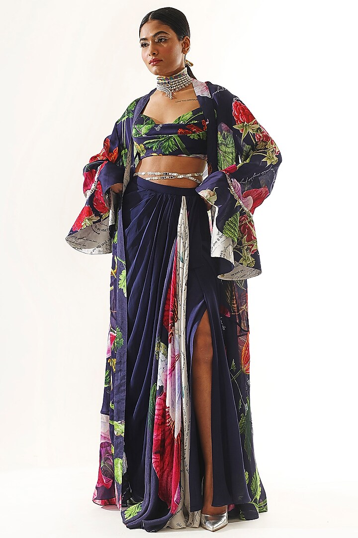 Navy Blue Satin Organza Printed Skirt Set by Mahima Mahajan at Pernia's Pop Up Shop