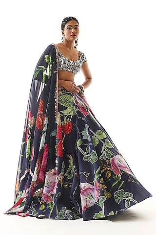 Navy Blue Satin Organza Printed Lehenga Set by Mahima Mahajan
