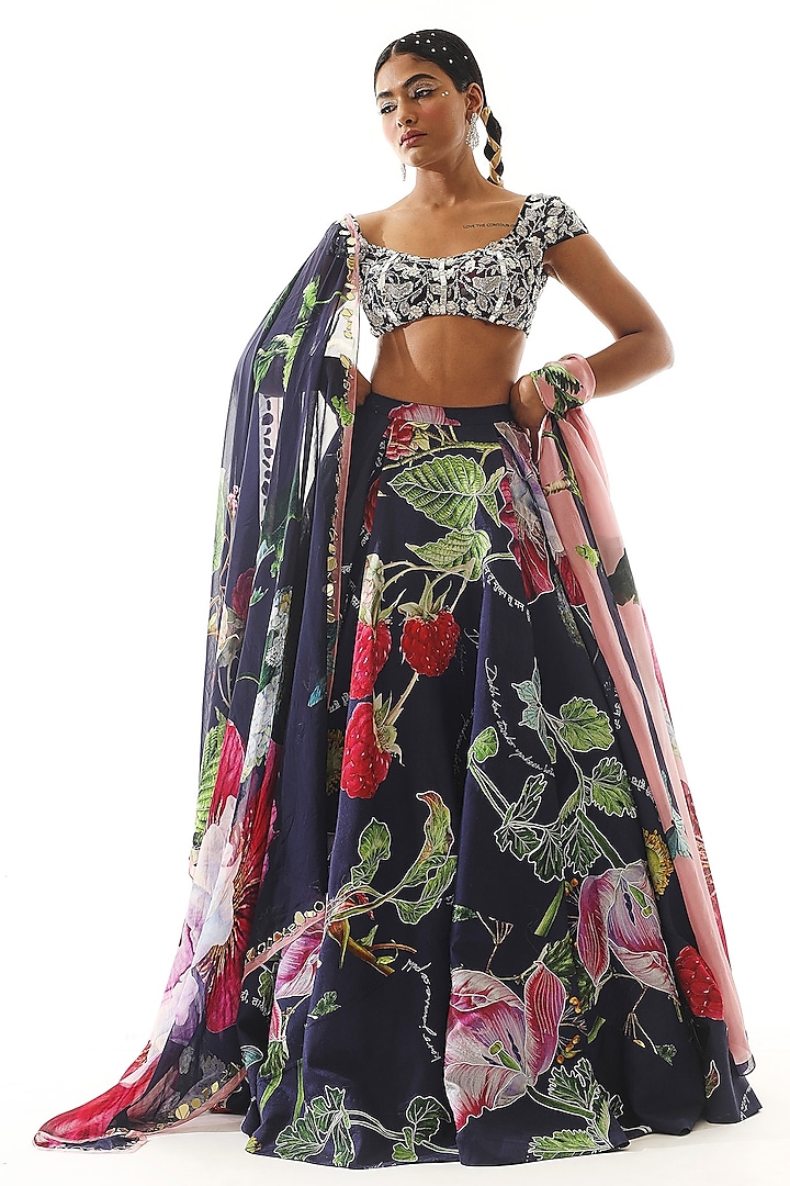 Navy Blue Satin Organza Printed Wedding Lehenga Set by Mahima Mahajan at Pernia's Pop Up Shop