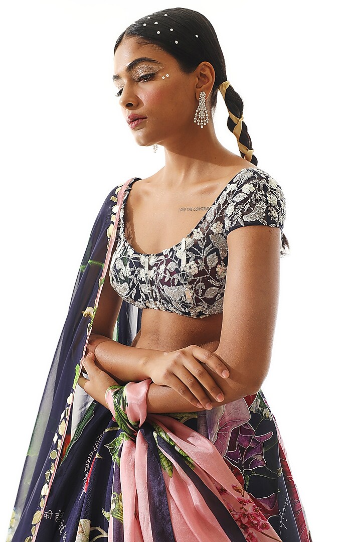 Navy Blue Satin Organza Printed Wedding Lehenga Set by Mahima Mahajan at Pernia's Pop Up Shop