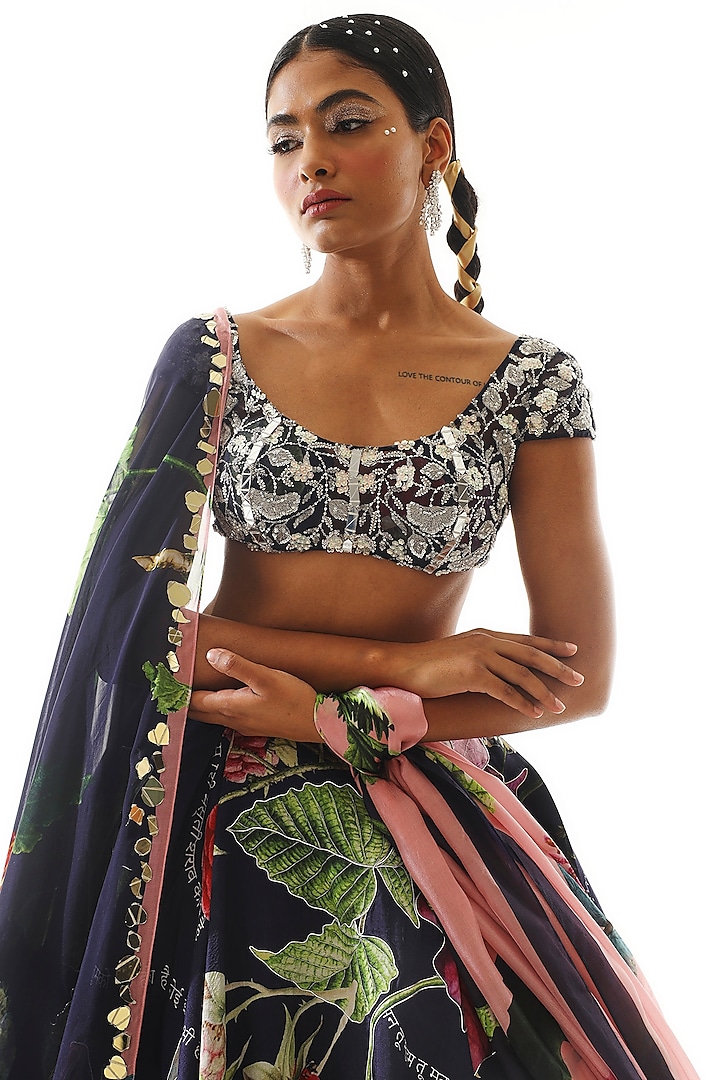 Navy Blue Satin Organza Printed Wedding Lehenga Set by Mahima Mahajan at Pernia's Pop Up Shop