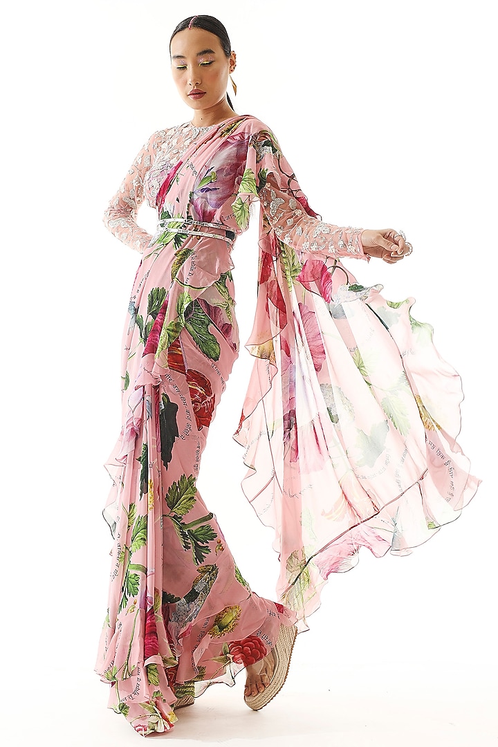 Blush Pink Georgette Printed Ruffle Saree Set by Mahima Mahajan