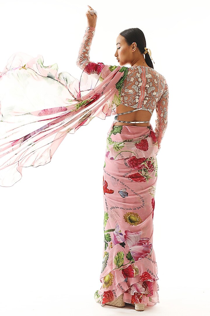 Blush Pink Georgette Printed Ruffle Wedding Saree Set by Mahima Mahajan at Pernia's Pop Up Shop