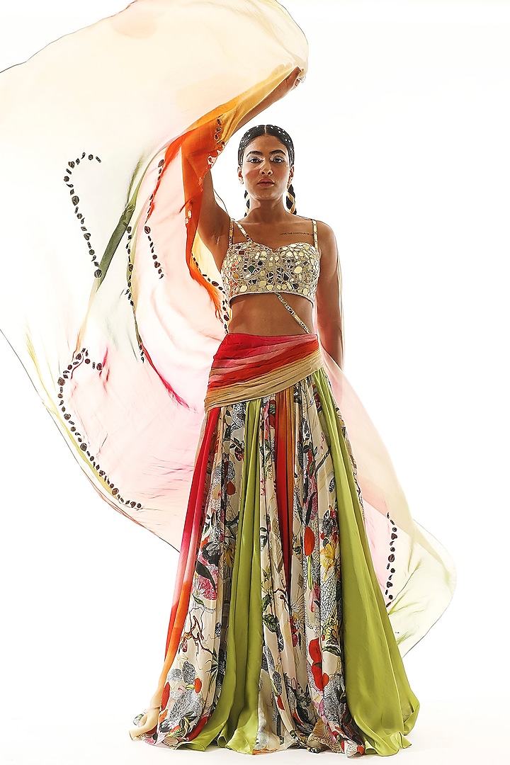 Multi-Colored Satin Organza Printed Lehenga Set by Mahima Mahajan