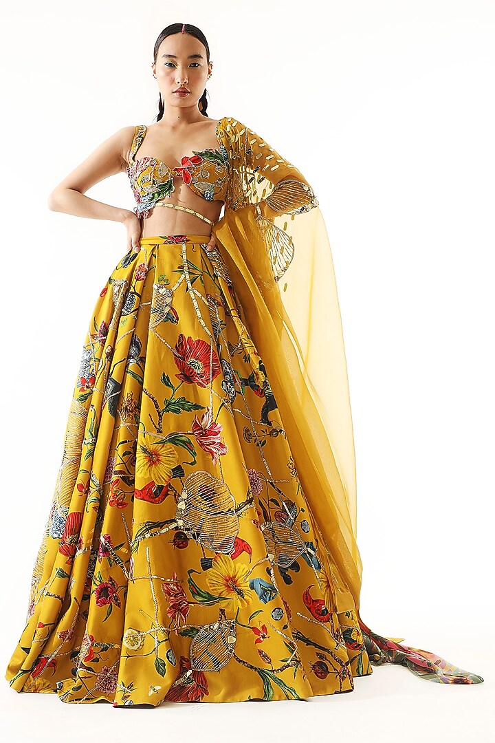 Gold Satin Organza Printed & Embroidered Bridal Lehenga Set  by Mahima Mahajan at Pernia's Pop Up Shop