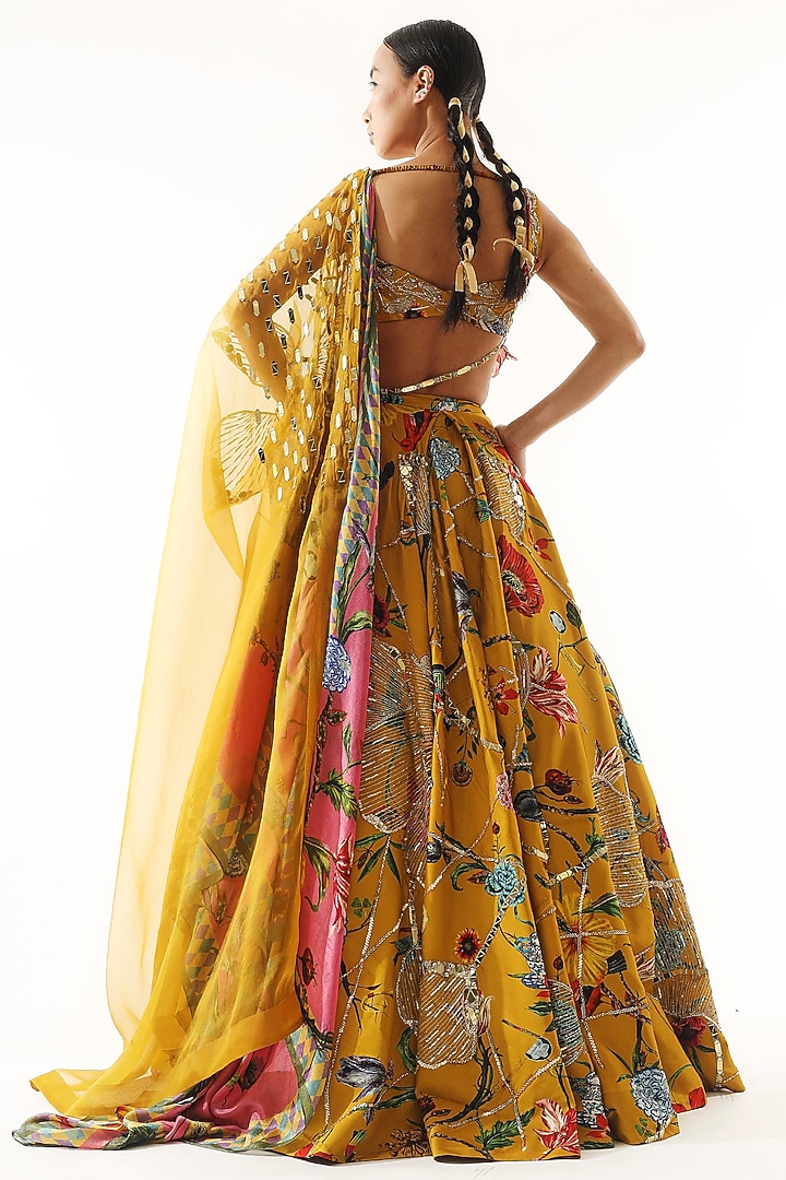 Gold Satin Organza Printed & Embroidered Bridal Lehenga Set  by Mahima Mahajan at Pernia's Pop Up Shop
