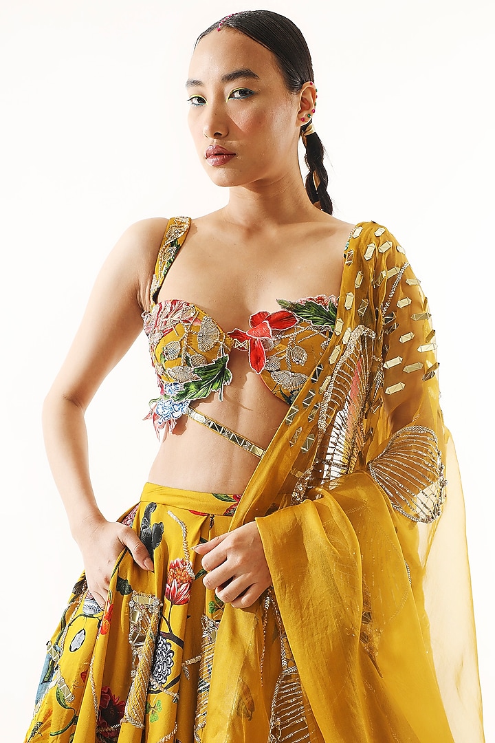 Gold Satin Organza Printed & Embroidered Bridal Lehenga Set  by Mahima Mahajan at Pernia's Pop Up Shop