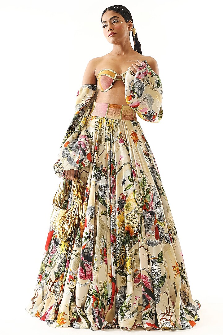 Ivory Satin Organza Printed Wedding Lehenga Set by Mahima Mahajan at Pernia's Pop Up Shop