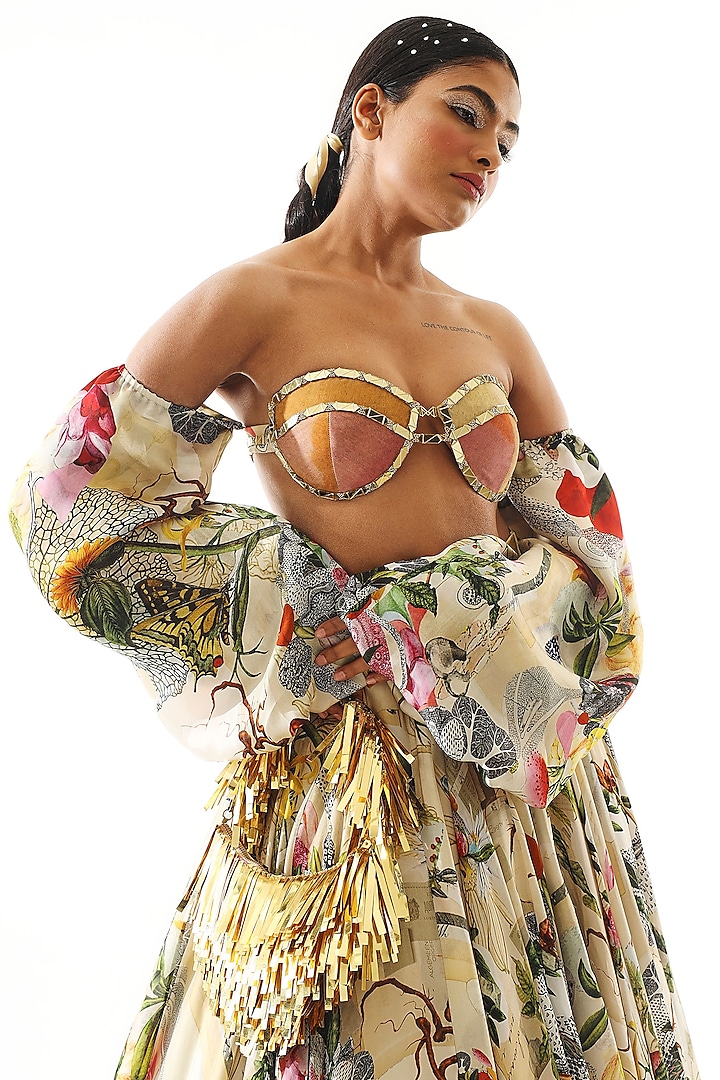 Ivory Satin Organza Printed Wedding Lehenga Set by Mahima Mahajan at Pernia's Pop Up Shop
