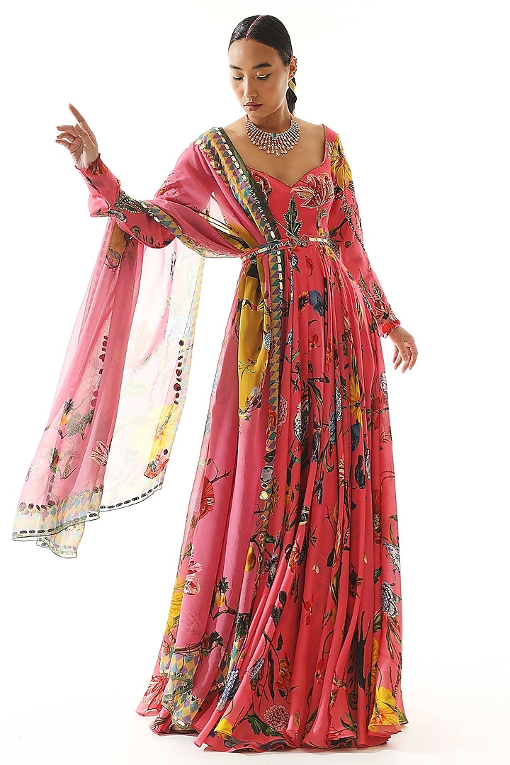 Pink Satin Organza Printed & Embroidered Anarkali Set by Mahima Mahajan