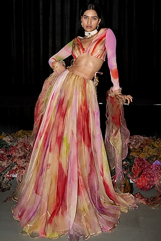 Multi-Colored Organza & Net Lycra Printed Lehenga Set by Mahima Mahajan