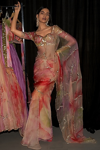 Multi-Colored Organza & Cotton Lycra Printed Pre-Draped Wedding Saree Set by Mahima Mahajan at Pernia's Pop Up Shop