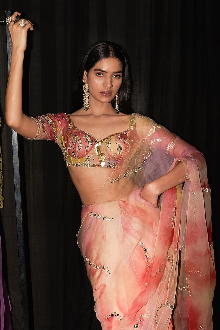 Multi-Colored Organza & Cotton Lycra Printed Pre-Draped Wedding Saree Set by Mahima Mahajan at Pernia's Pop Up Shop