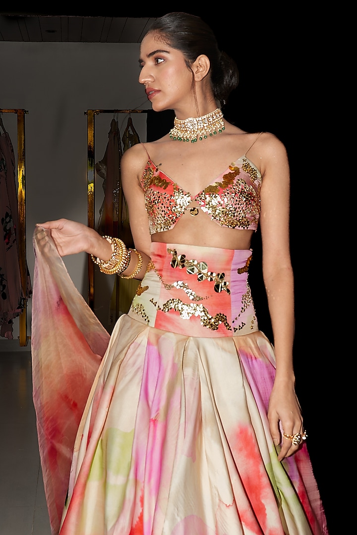 Multi-Colored Organza & Satin Printed Wedding Lehenga Set by Mahima Mahajan at Pernia's Pop Up Shop
