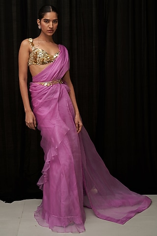 Lilac Organza & Cotton Lycra Pre-Draped Saree Set by Mahima Mahajan