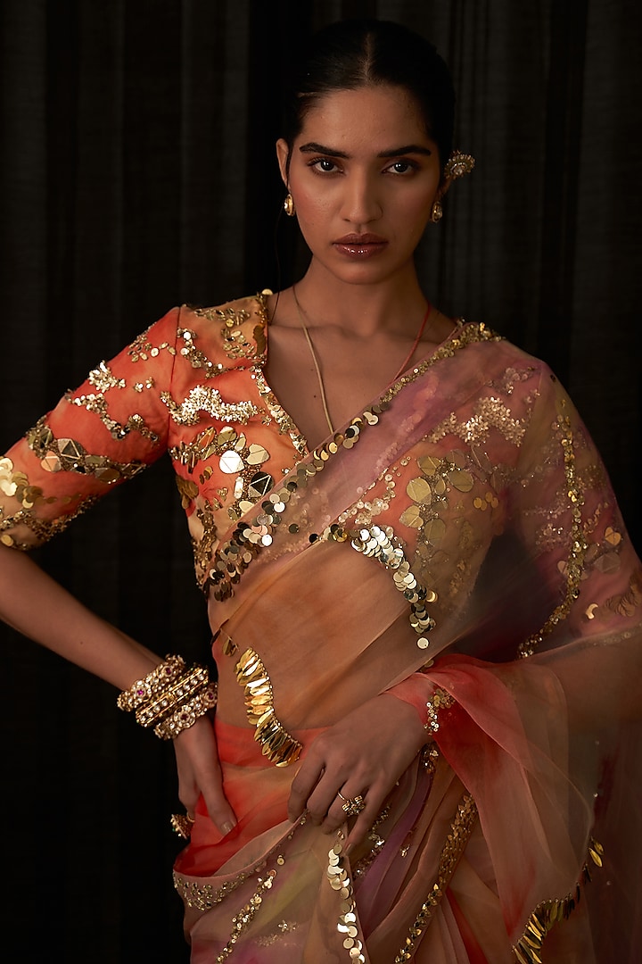 Multi-Colored Organza & Cotton Lycra Printed Pre-Draped Reception Saree Set by Mahima Mahajan at Pernia's Pop Up Shop