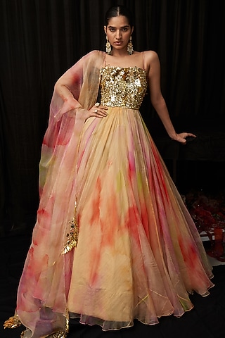 Multi-Colored Organza Printed Anarkali With Dupatta by Mahima Mahajan