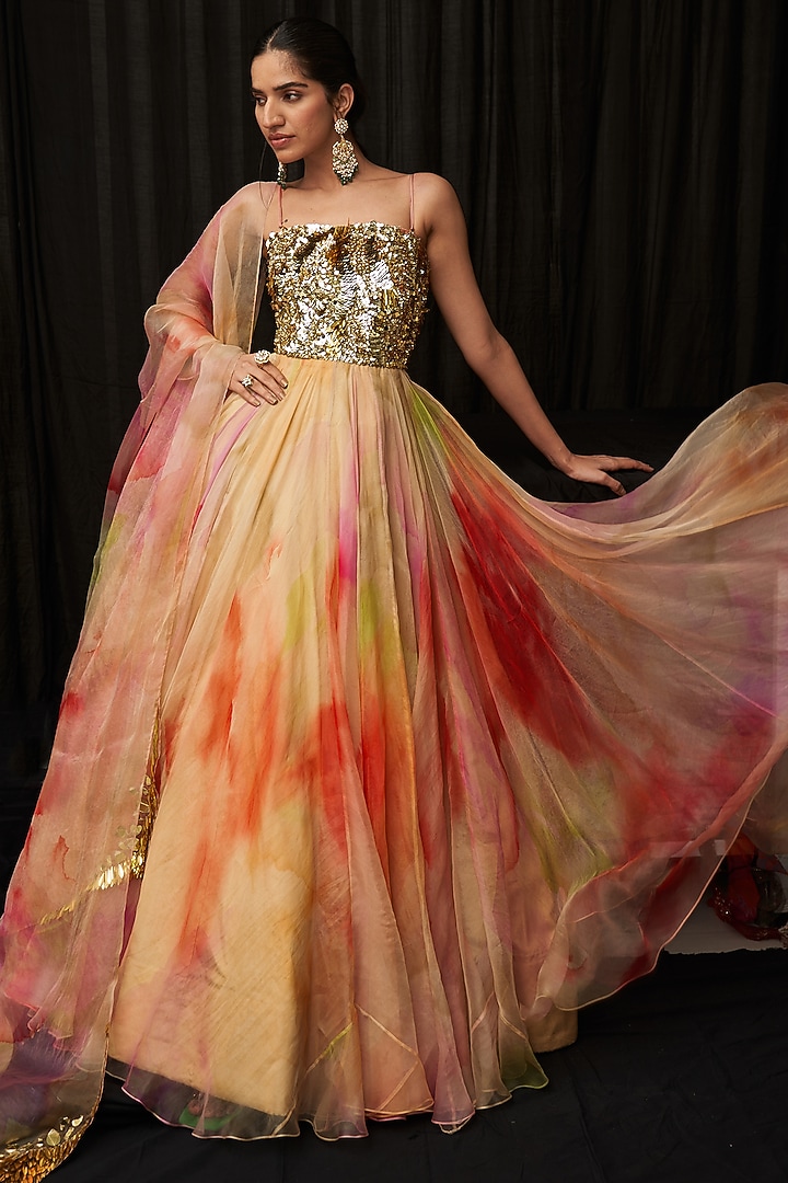 Multi-Colored Organza Printed Wedding Anarkali With Dupatta by Mahima Mahajan at Pernia's Pop Up Shop