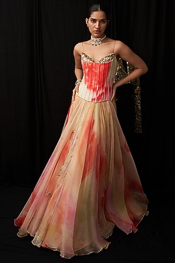Multi-Colored Organza & Satin Printed Wedding Anarkali Set by Mahima Mahajan at Pernia's Pop Up Shop