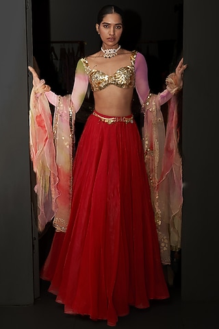 Red Organza & Net Lycra Lehenga Set by Mahima Mahajan