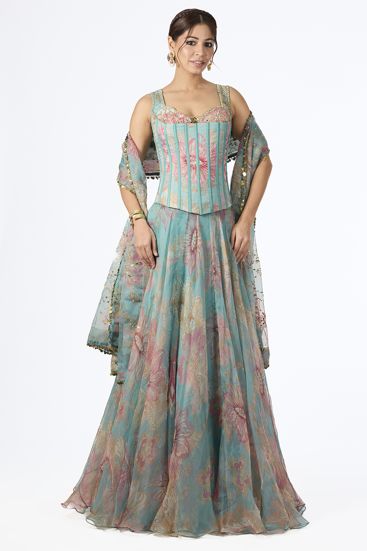 Aqua Organza Printed Wedding Lehenga Set by Mahima Mahajan at Pernia's Pop Up Shop