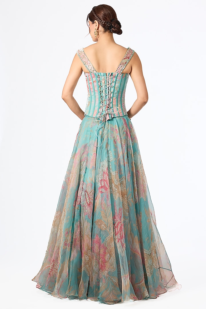 Aqua Organza Printed Wedding Lehenga Set by Mahima Mahajan at Pernia's Pop Up Shop