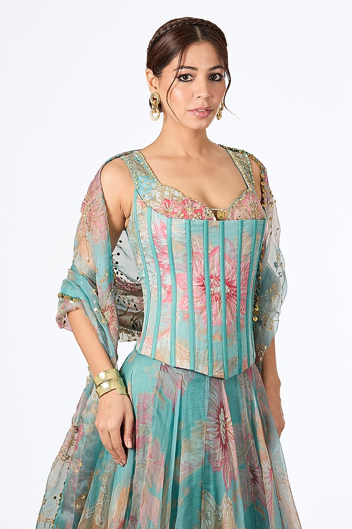 Aqua Organza Printed Wedding Lehenga Set by Mahima Mahajan at Pernia's Pop Up Shop