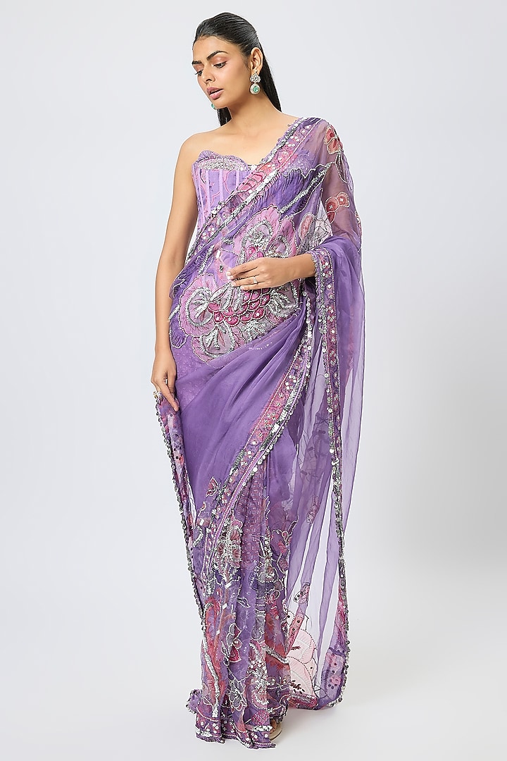 Purple Organza Draped Reception Saree Set by Mahima Mahajan at Pernia's Pop Up Shop