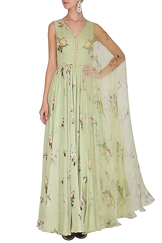 Sage Printed Anarkali Gown With Attached Dupatta by Mahima Mahajan