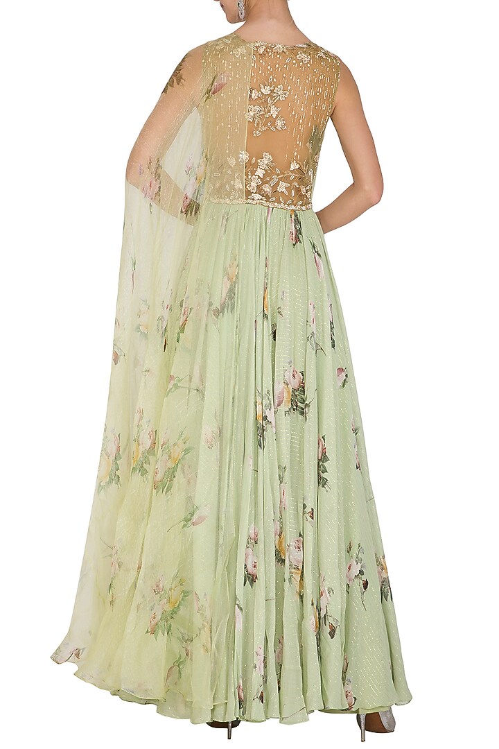 Sage Printed Wedding Anarkali Gown With Attached Dupatta by Mahima Mahajan at Pernia's Pop Up Shop