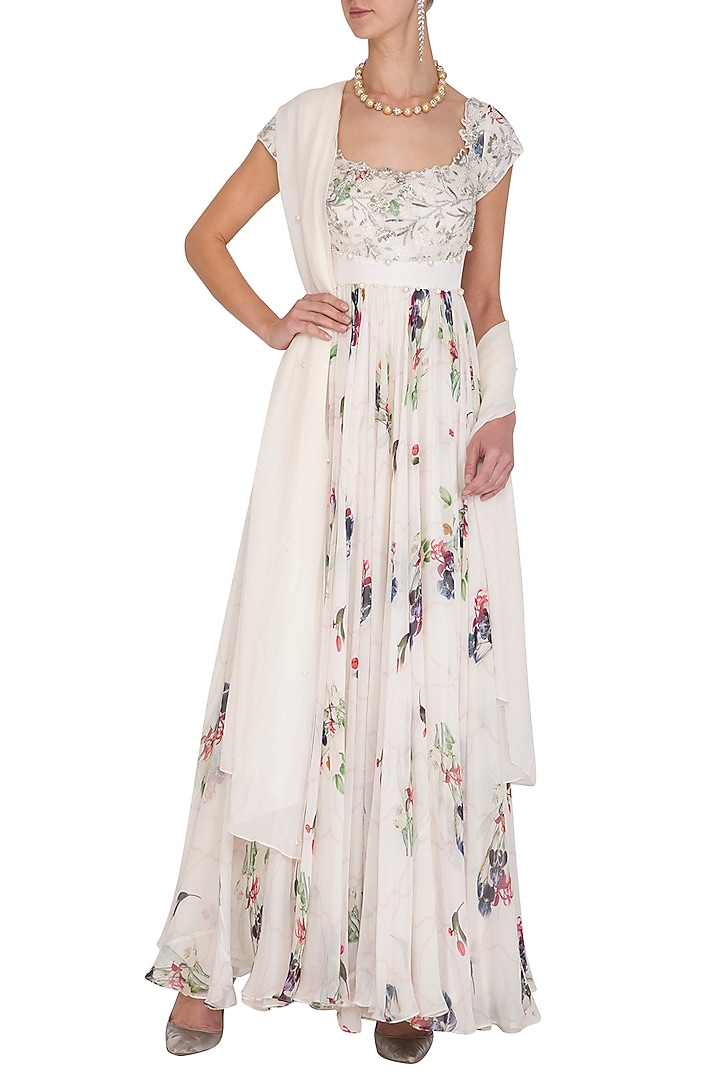 Ivory Printed & Embellished Wedding Anarkali Gown With Dupatta by Mahima Mahajan at Pernia's Pop Up Shop