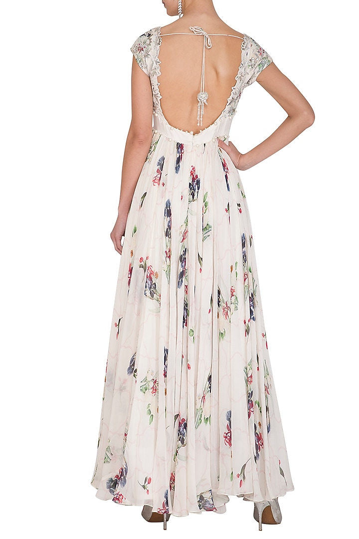 Ivory Printed & Embellished Wedding Anarkali Gown With Dupatta by Mahima Mahajan at Pernia's Pop Up Shop
