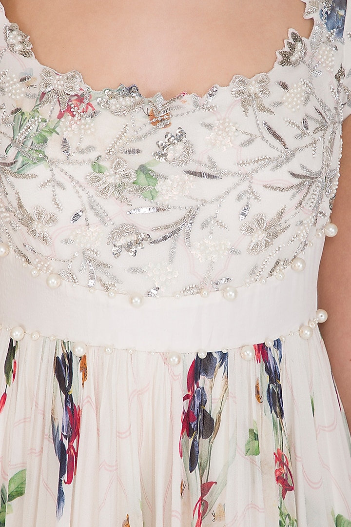 Ivory Printed & Embellished Wedding Anarkali Gown With Dupatta by Mahima Mahajan at Pernia's Pop Up Shop