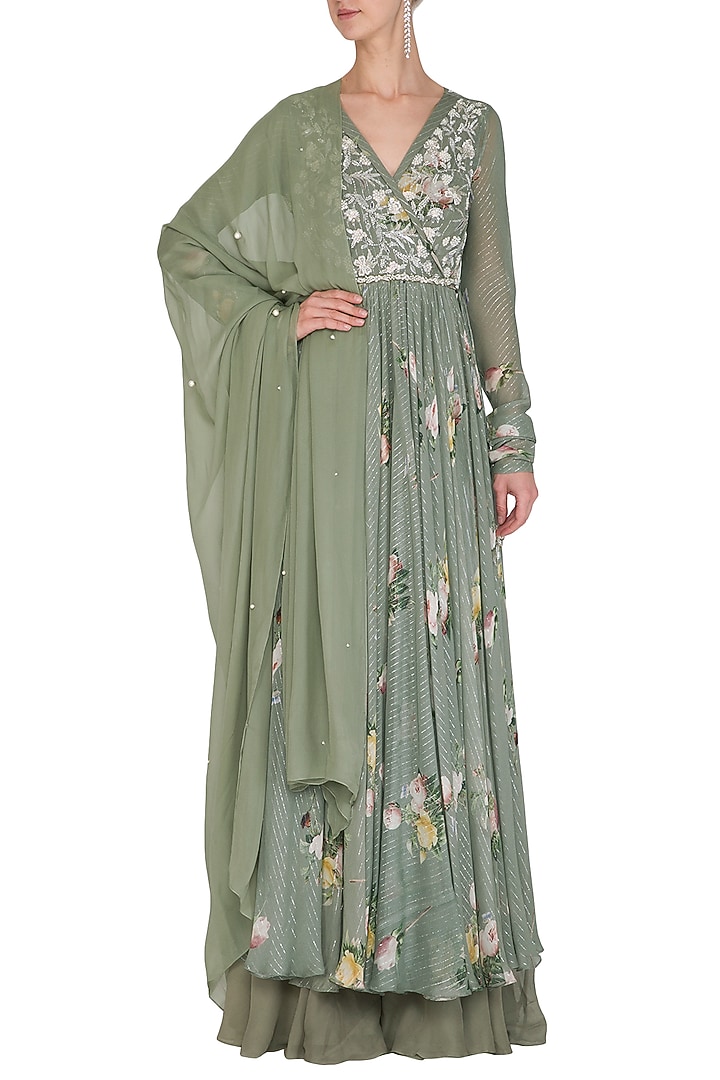 Olive Green Embellished Printed Angrakha Wedding Anarkali Set by Mahima Mahajan at Pernia's Pop Up Shop