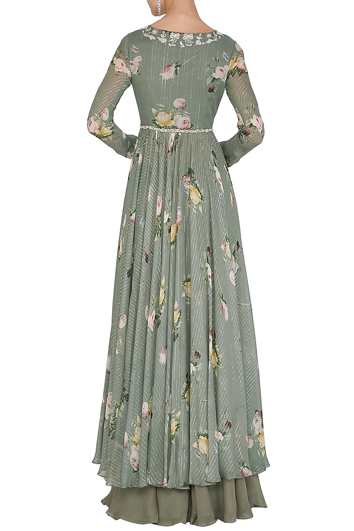 Olive Green Embellished Printed Angrakha Wedding Anarkali Set by Mahima Mahajan at Pernia's Pop Up Shop